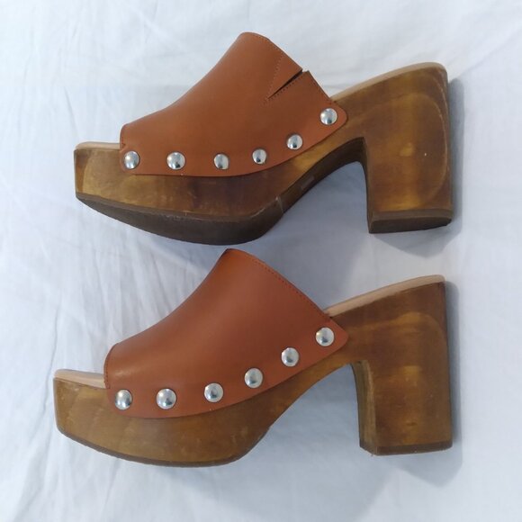 Chelsea & Violet "Verger" Brown Leather Open Toe Platform Heeled Mule Size 7.5 - Picture 4 of 11